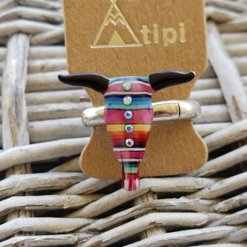 Serape Steer Head Boho Hippie Cowgirl gypsy Southwestern Silvertone stretch ring - Picture 5 of 8